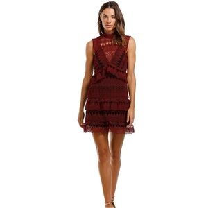 Self-Portrait Teardrop Guipure lace paneled mini tiered burgundy red size 8